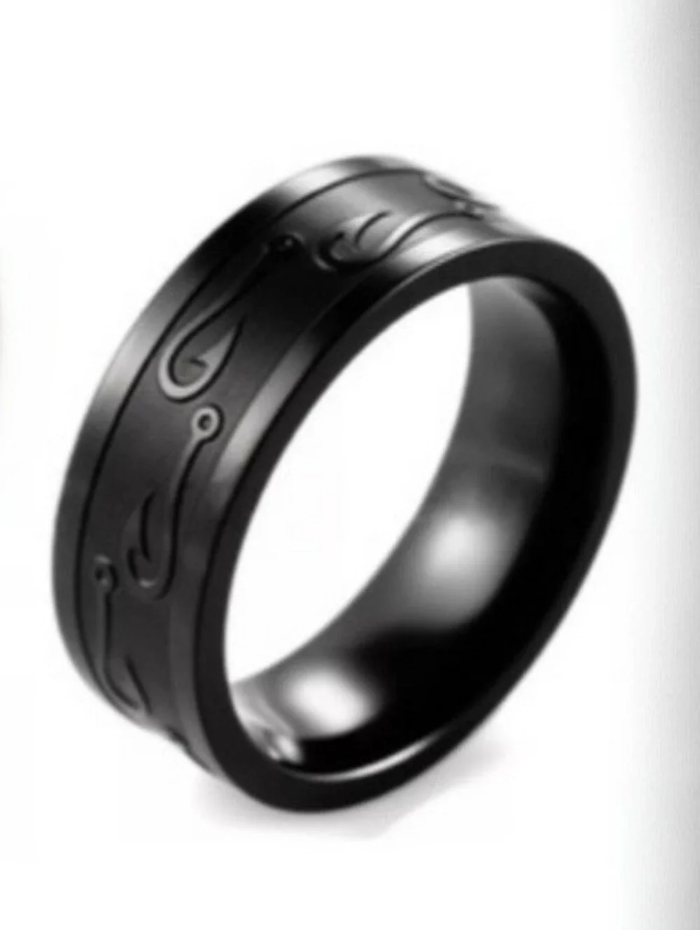 Tungsten Carbide FISHING HOOK Fisherman Angling Gold Silver Black 8mm Band Ring